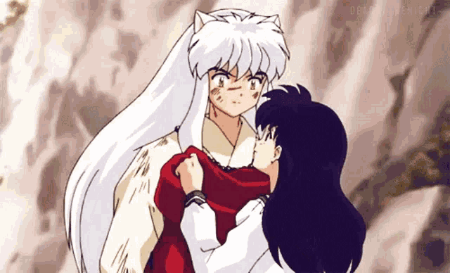 Anime Affectionate Embrace With White Hair GIF