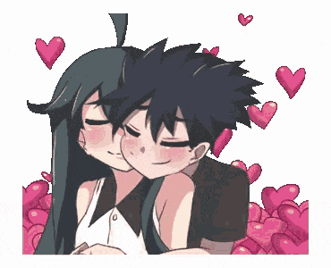 Anime Couple Cheek Kiss With Hearts GIF