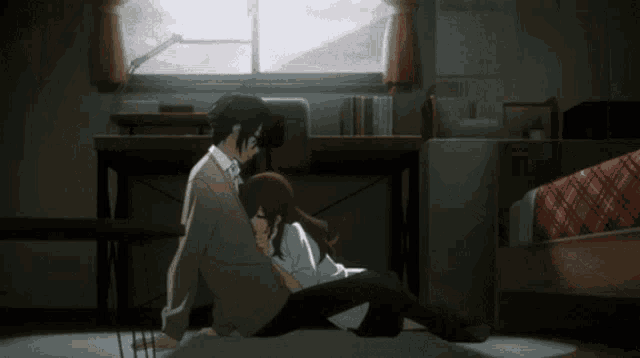 Anime Intimate Floor Cuddle Kiss GIF