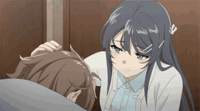 Anime Loving Woman Caresses Young Man Head GIF
