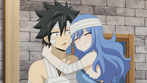 Playful Anime Embrace With Blue Hair GIF