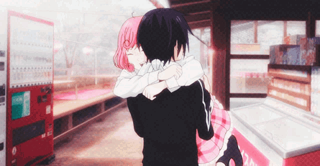 Playful Pink Hair Anime Hug GIF