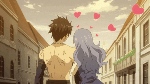 Anime Romantic Couple Walking With Hearts GIF
