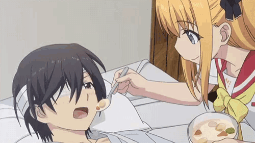 Anime Romantic Feeding Moment In Bed GIF