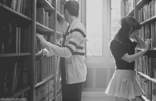 Romantic Library Flirtation Kiss GIF